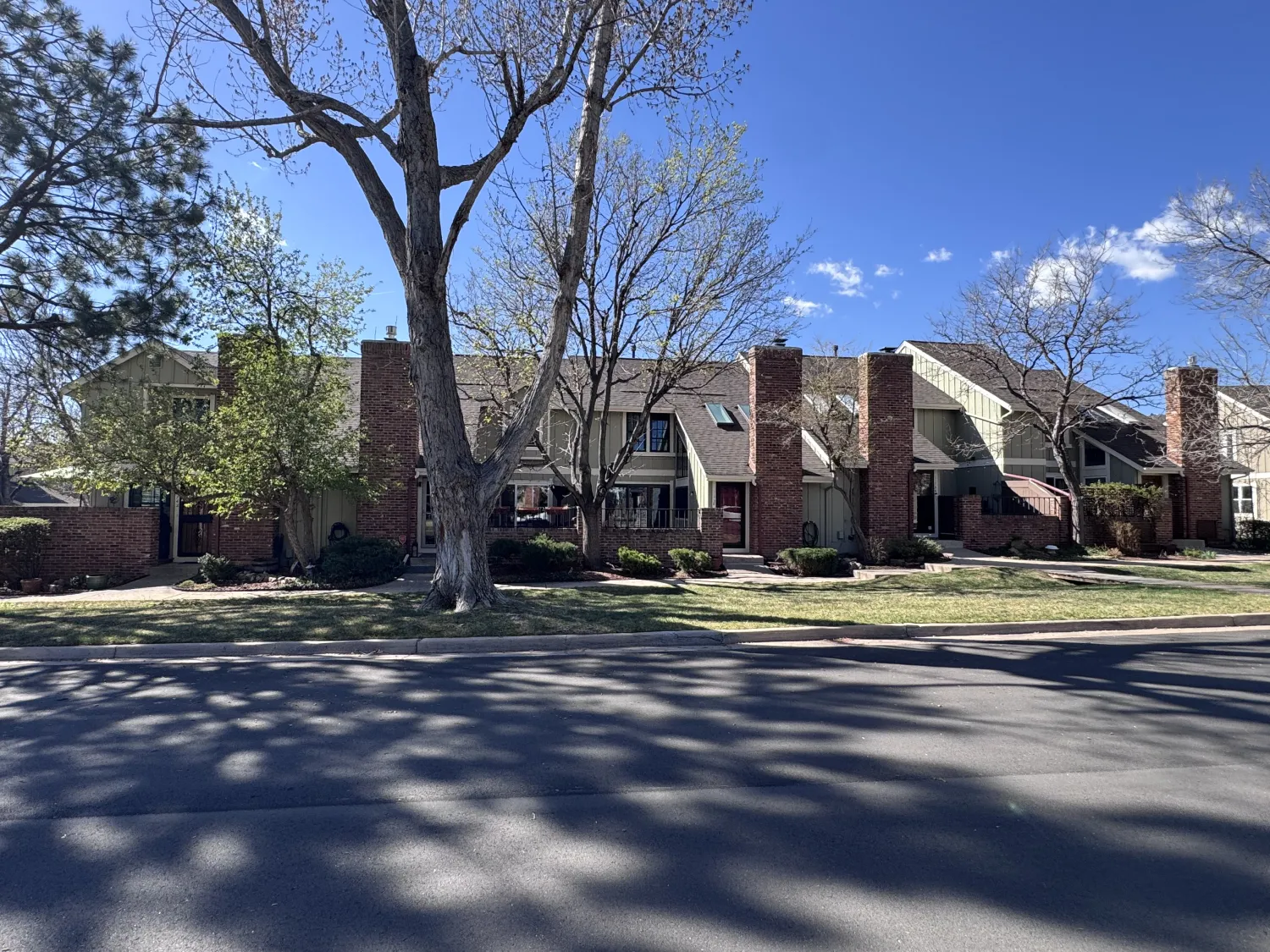 hoa-11 Townhouses with brick chimneys and leafing trees, viewed from across a sunlit residential street.