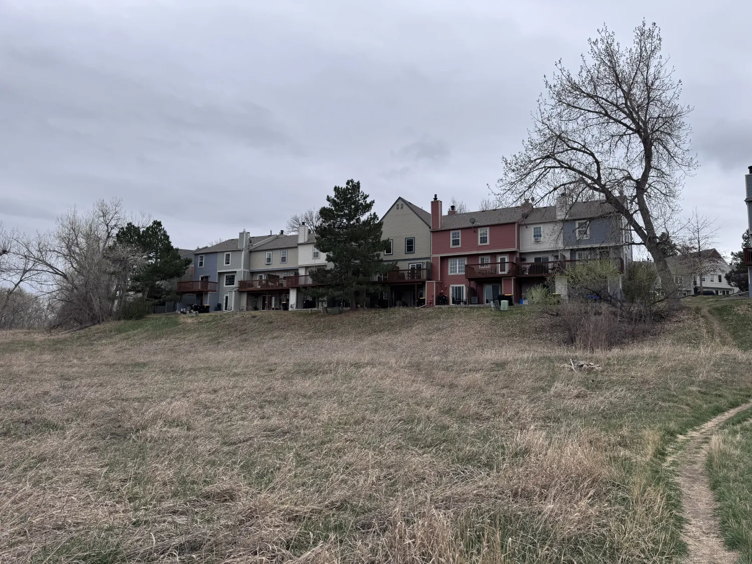 hoa-38 Row of townhouse-style homes with decks, seen from a grassy field under a cloudy sky.