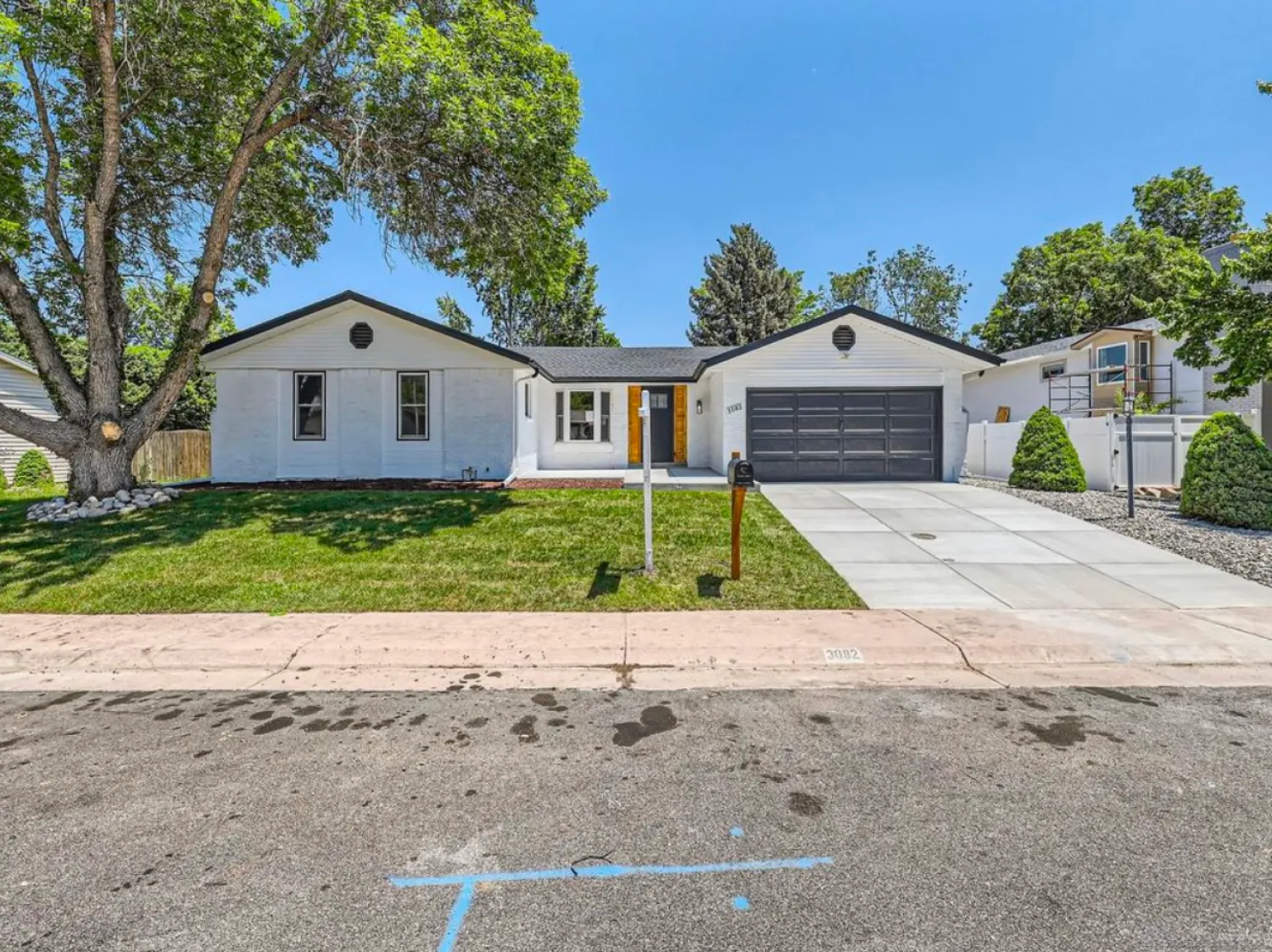 residential-exterior-10 Single-story white house with black garage, large driveway, green lawn, and mature tree in front yard.